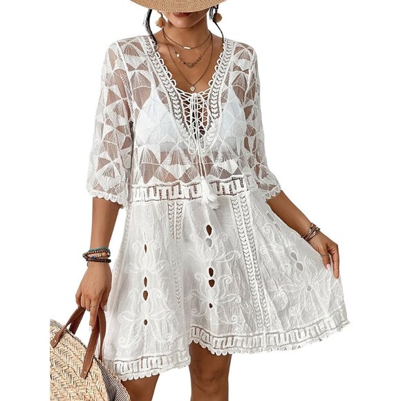 🆕Women X-White Lace Swimwear Cover Up V Neck Beach Dress Vacation Outfits - Picture 1 of 6